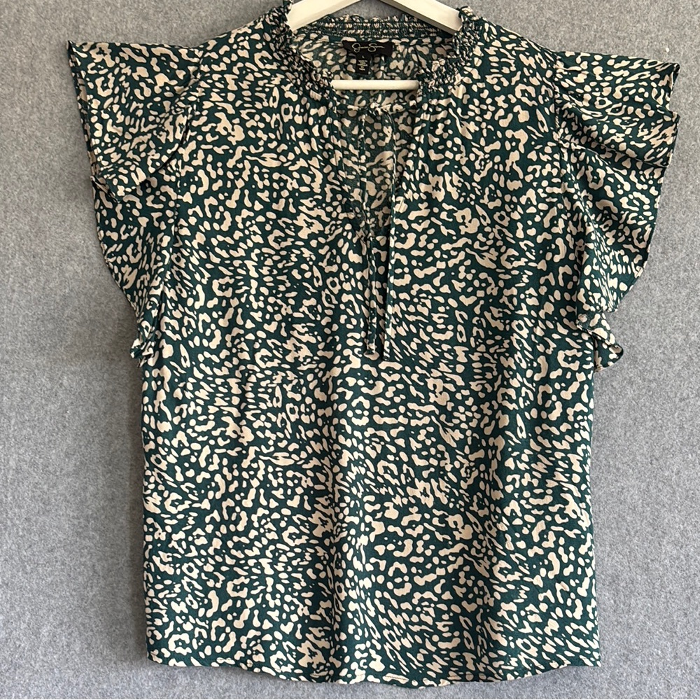 Jessica Simpson Flutter Sleeve Ruffled V-Neck Bohemian Blouse Green/Cream (L) - Picture 1 of 11